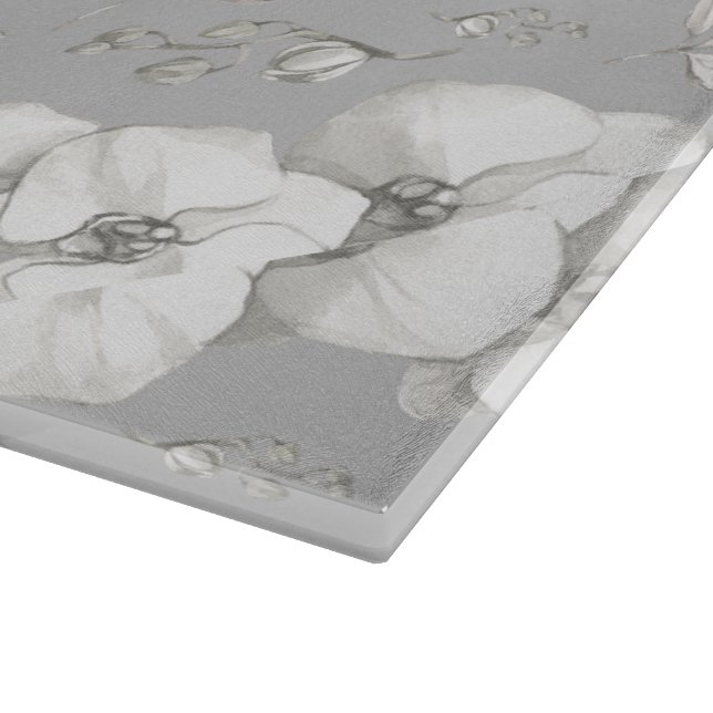 Tabla De Cortar Orquídea blanca acuarela sobre gris | (Borde)