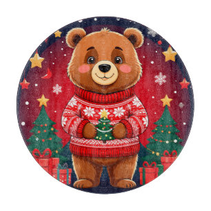 Tabla De Cortar Oso Adorable con Jersey de Navidad