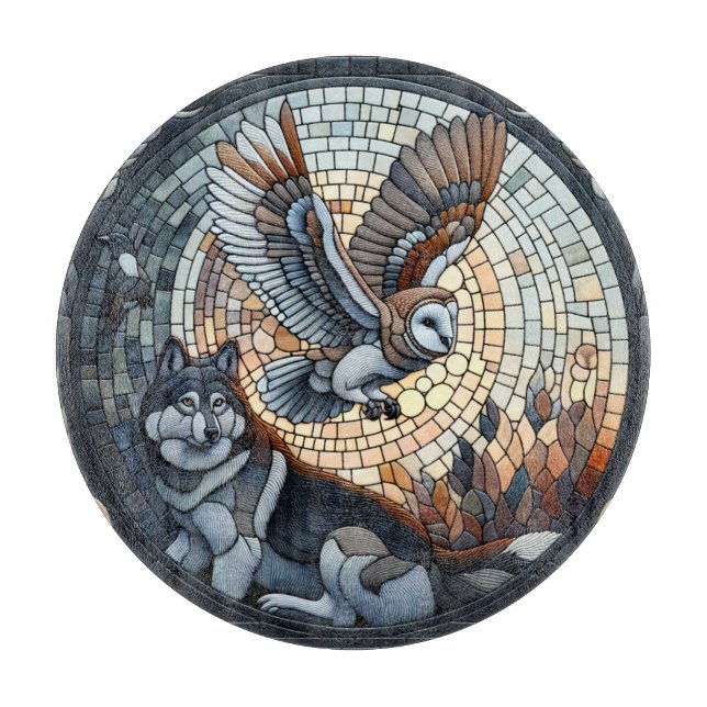 Tabla De Cortar Owl and Wolf Mosaic Ai Art (Anverso)