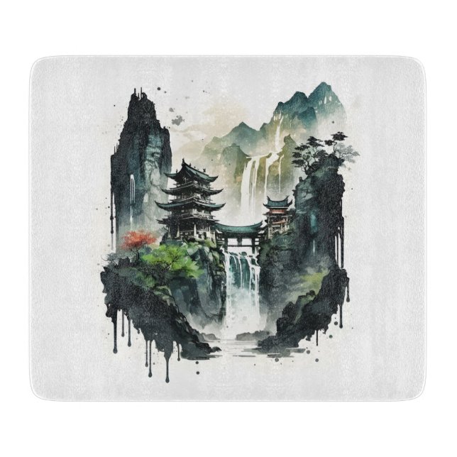 Tabla De Cortar Paisaje antiguo de la tinta china con cascada (Anverso)