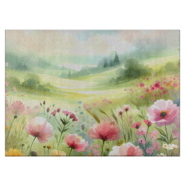 Tabla De Cortar Paisaje de pradera de flores silvestres pastel (Anverso)