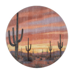 Tabla De Cortar Paisaje del cactus saguaro en la puesta del sol de