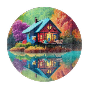 Tabla De Cortar Paisaje natural con cabaña y lago-38566