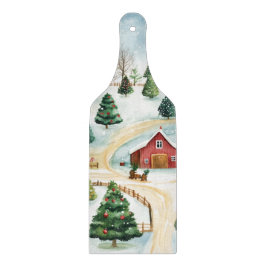 Tabla De Cortar Paisaje rústico de invierno acuarela con árboles f