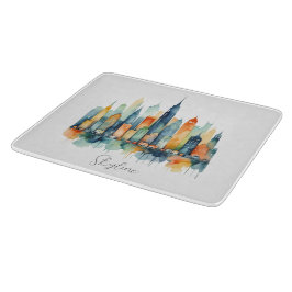 Tabla De Cortar Paisaje urbano de la ciudad Silueta urbana acuarel