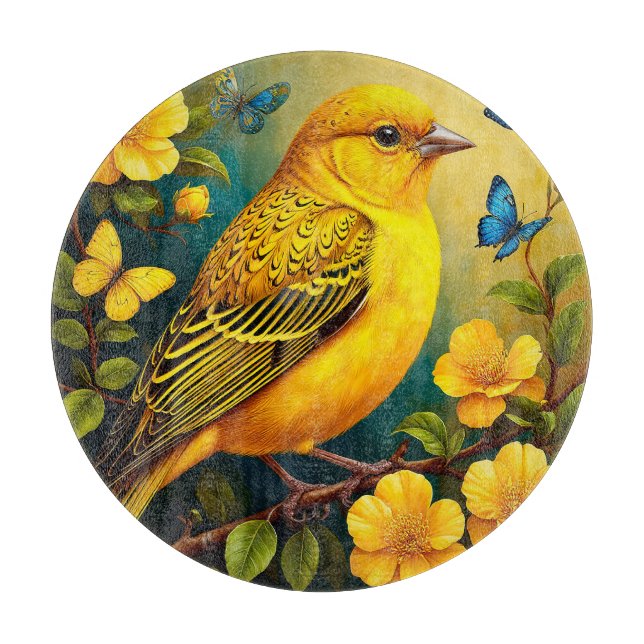 Tabla De Cortar Pájaro Amarillo Posado Entre Flores Brillantes (Anverso)