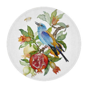 Tabla De Cortar Pájaro Azul Entre Granadas Botánico Acuarela