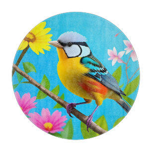 Tabla De Cortar Pájaro Cantador Vibrante Posado en una Rama Floral