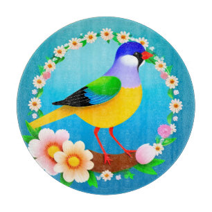 Tabla De Cortar Pájaro Colorido en Rama enmarcado con Flores