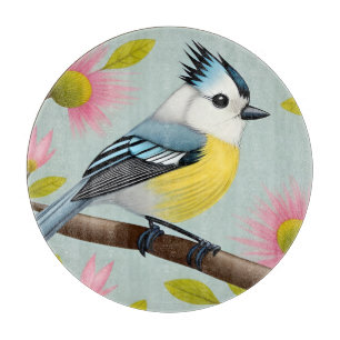 Tabla De Cortar Pájaro Colorido en Rama enmarcado con Flores