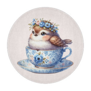 Tabla De Cortar Pájaro Lindo en Taza de Té Floral Arte Cottagecore