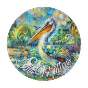 Tabla De Cortar Pájaro pelicano personalizado en floral de Wonderl