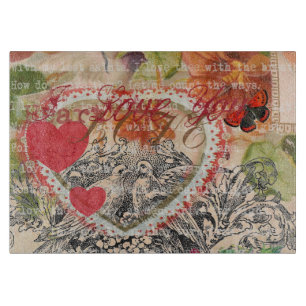 Tabla De Cortar Pájaros del Corazón Arte Collage Rojo Amor