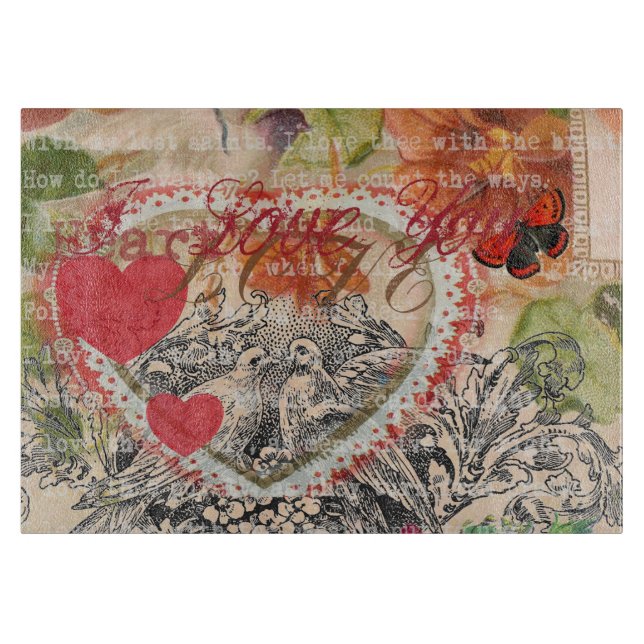 Tabla De Cortar Pájaros del Corazón Arte Collage Rojo Amor (Anverso)