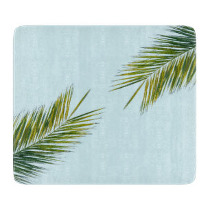 Tabla De Cortar Palma Tropical Verde en Azul Claro