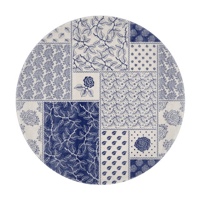 Tabla De Cortar Parche floral azul índigo beige (Anverso)