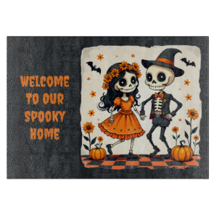 Tabla De Cortar Pareja de esqueletos adorables de Halloween en nar