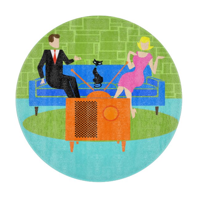 Tabla De Cortar Pareja retro con placa de corte de gato (Anverso)