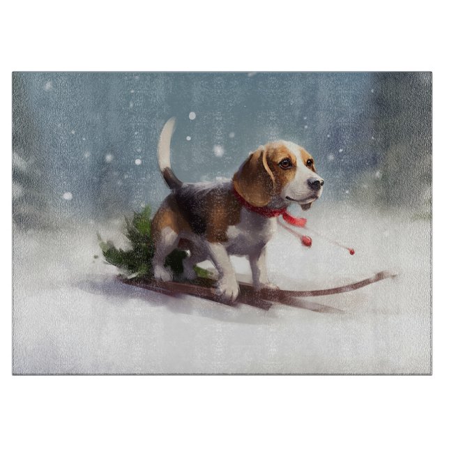 Tabla De Cortar Pascua de Navidad nieve invierno Beagle (Anverso)