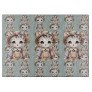 Tabla De Cortar Pastel Cottagecore Cat en overalls y Gorra de paja