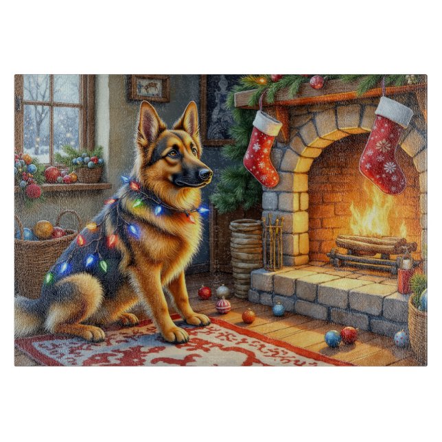 Tabla De Cortar Pastor Belga Hogar con Luces de Navidad (Anverso)