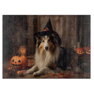 Tabla De Cortar Pastor de Shetland Calabazas Halloween Espeluznant