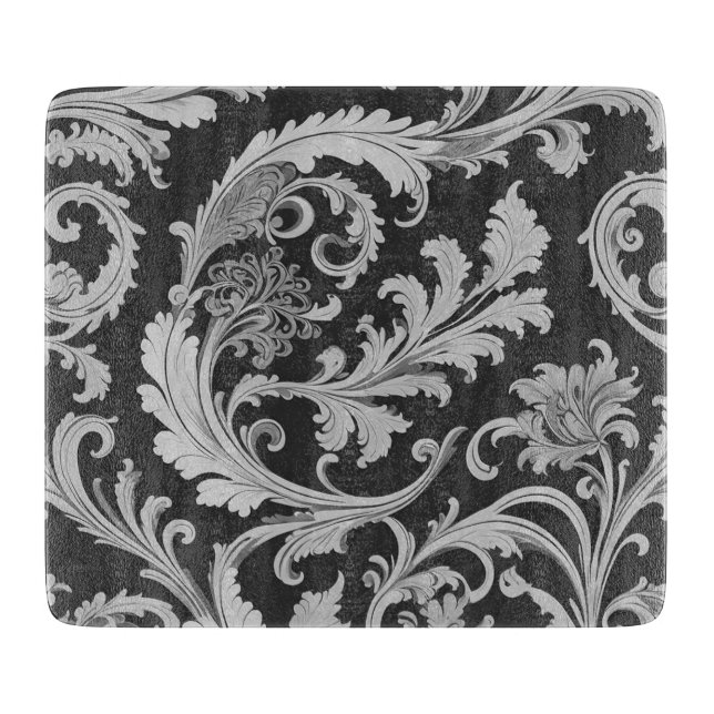 Tabla De Cortar Patrón antiguo de flores monocromo (Anverso)