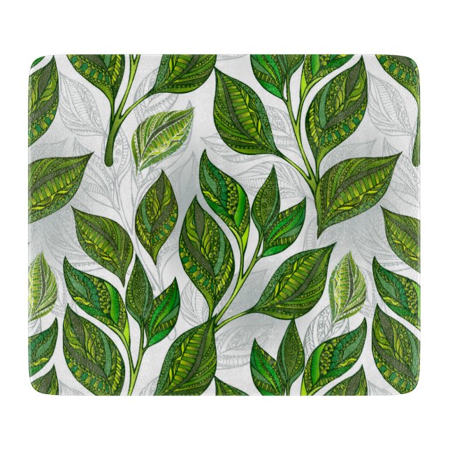 Tabla De Cortar Patrón continuo con hojas de té verde (Anverso)
