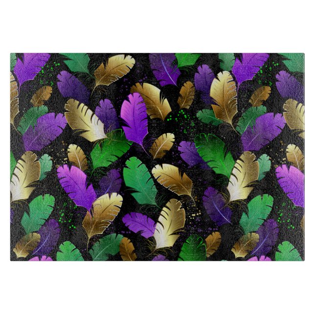 Tabla De Cortar Patrón continuo con plumas de Mardi Gras (Anverso)