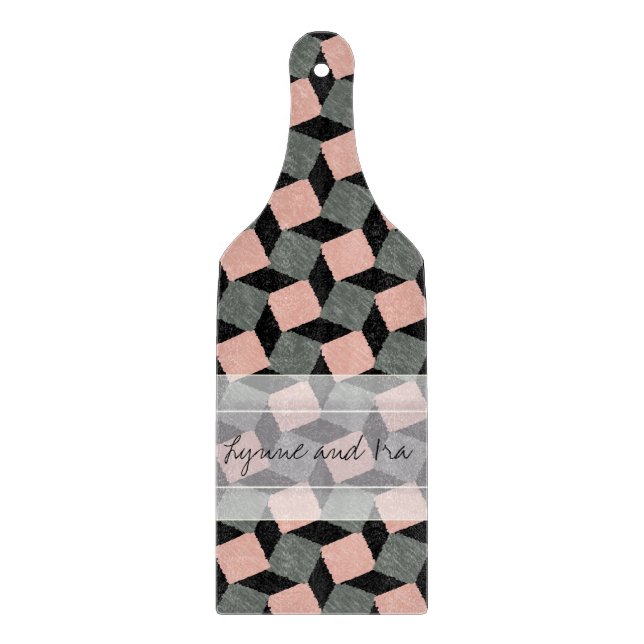 Tabla De Cortar Patrón cuadrado de ikat geométrico rosado monogram (Anverso)