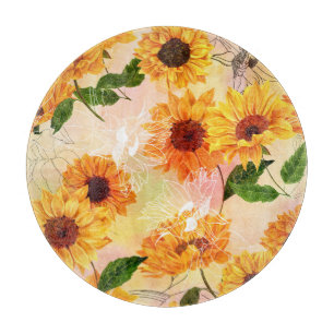 Tabla De Cortar Patrón de acuarela de girasoles amarillos dibujado