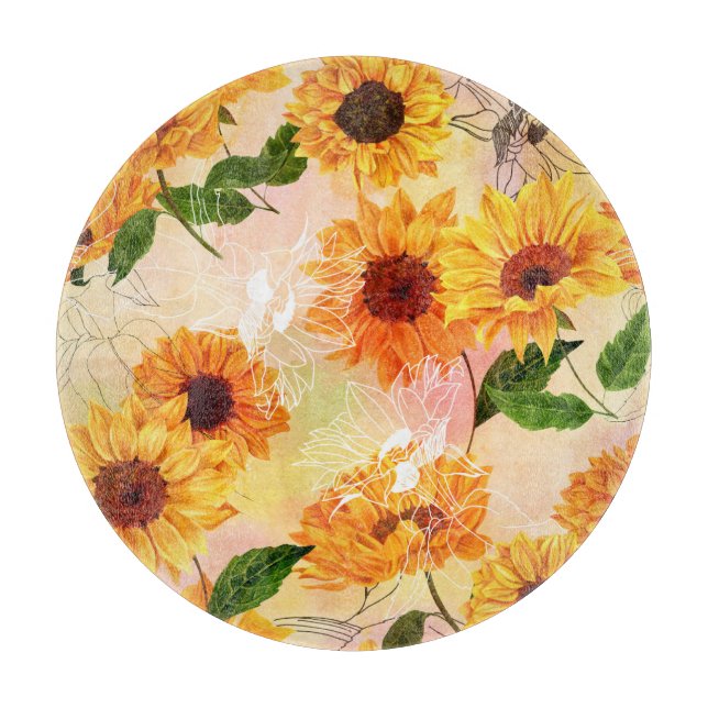 Tabla De Cortar Patrón de acuarela de girasoles amarillos dibujado (Anverso)