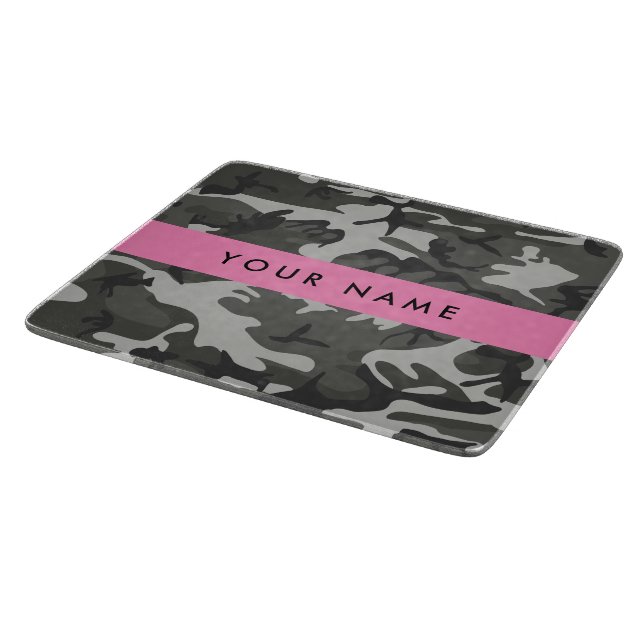 Tabla De Cortar Patrón de camuflaje gris, tu nombre, Personaliza (Borde)