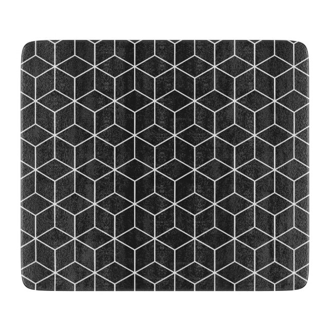 Tabla De Cortar Patrón de cubo geométrico blanco y negro (Anverso)