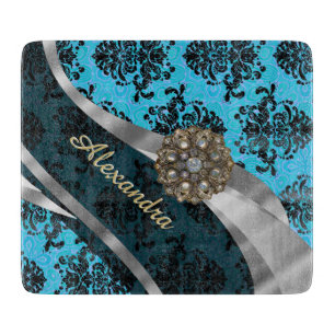 Tabla De Cortar Patrón de damasco giratorio de bonito azul persona