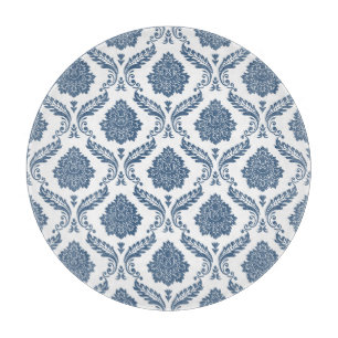 Tabla De Cortar Patrón de Damasco Rococó Azul sobre Blanco