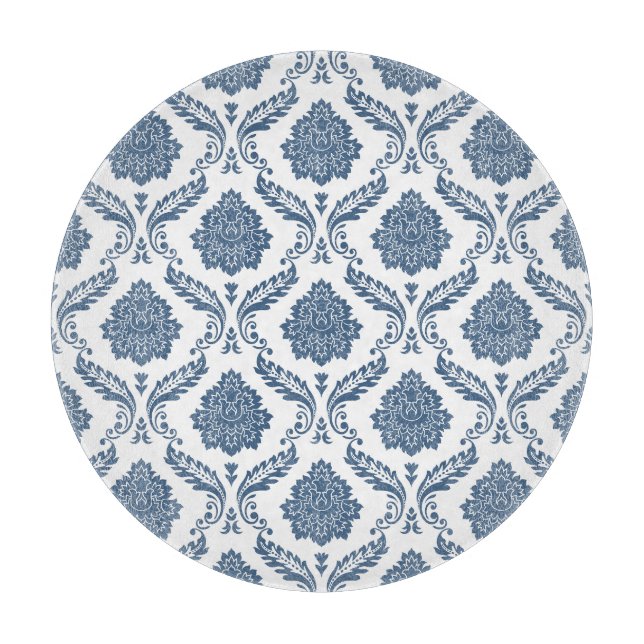 Tabla De Cortar Patrón de Damasco Rococó Azul sobre Blanco (Anverso)