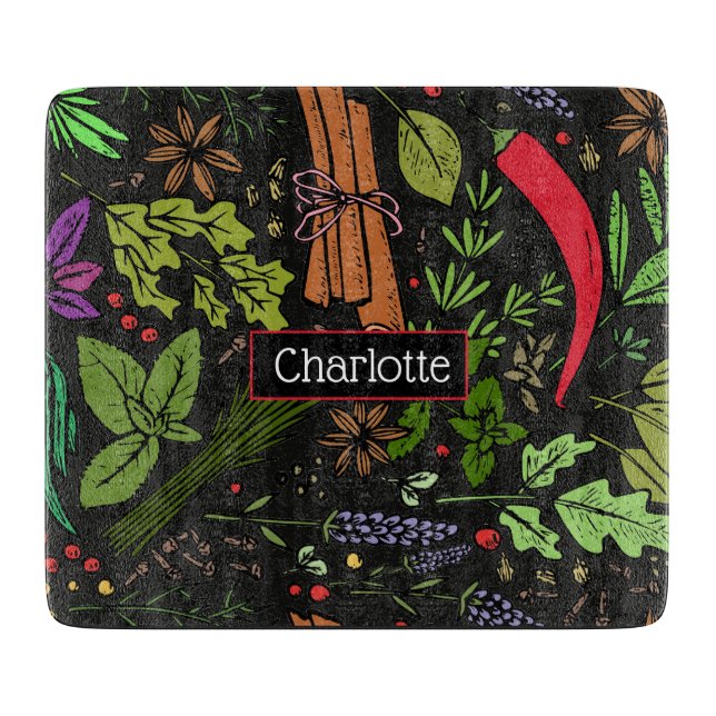 Tabla De Cortar Patrón de especias nombre personalizado negro (Anverso)