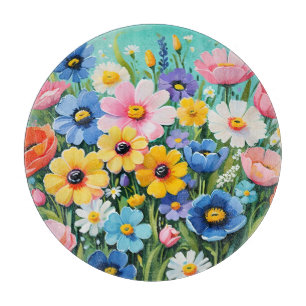 Tabla De Cortar Patrón de flores de primavera vibrantes en acuarel