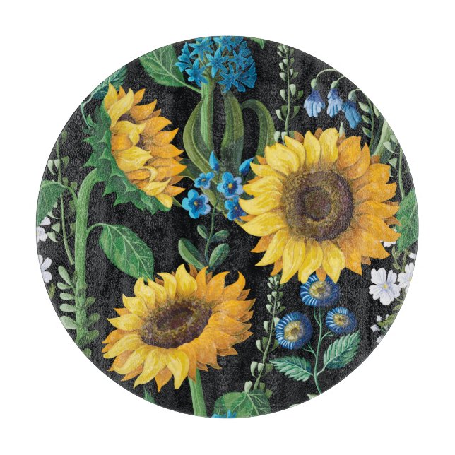 Tabla De Cortar Patrón de girasol de fondo negro (Anverso)