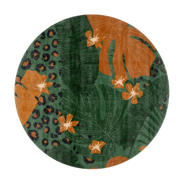 Tabla De Cortar Patrón de hojas tropicales de leopardo exótico (Anverso)