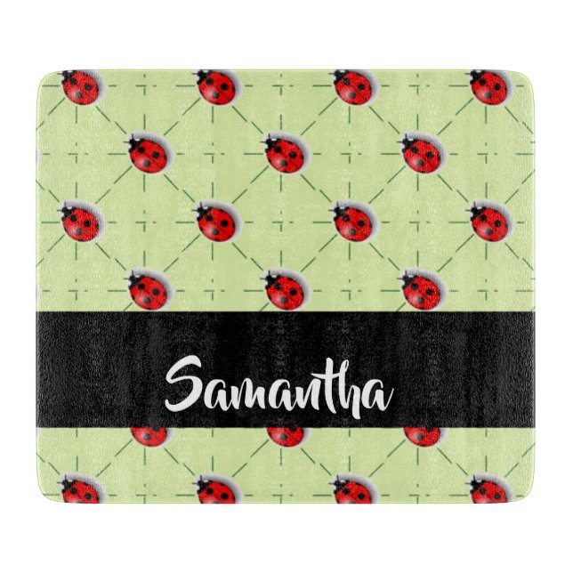 Tabla De Cortar Patrón de ladybugs de nombre personalizado (Anverso)