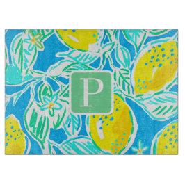Tabla De Cortar Patrón de limón azul personalizado / Monograma Pre
