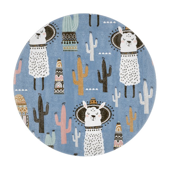 Tabla De Cortar Patrón de Llama, Cactus, Elementos dibujados a man (Anverso)