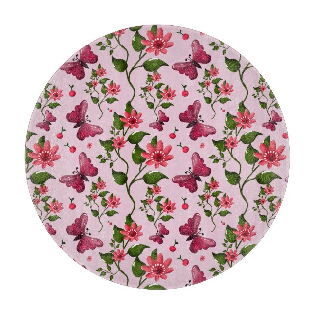Tabla De Cortar Patrón de Mariposa de Cereza Adorable, Fruta Kawai (Anverso)