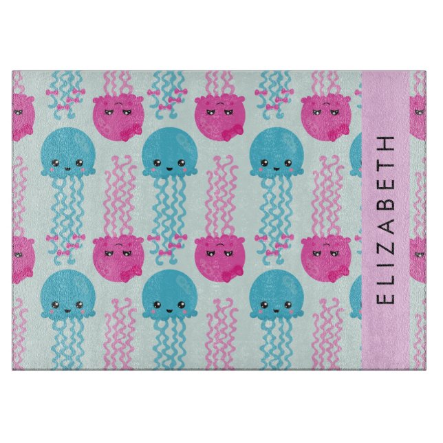 Tabla De Cortar Patrón de medusas, medusa cúrcuta, mar, nombre (Anverso)