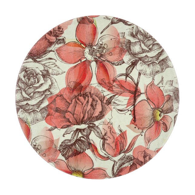 Tabla De Cortar Patrón de rosas rojas estilo retro (Anverso)