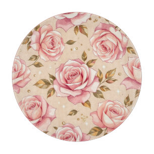 Tabla De Cortar Patrón de rosas rosadas con hojas doradas