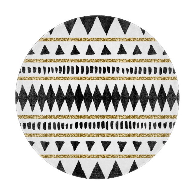 Tabla De Cortar Patrón étnico Purpurina de oro negro (Anverso)