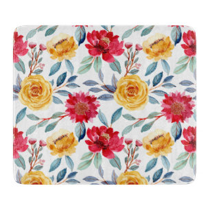 Tabla De Cortar Patrón floral alegre de acuarela en rosa amarilla